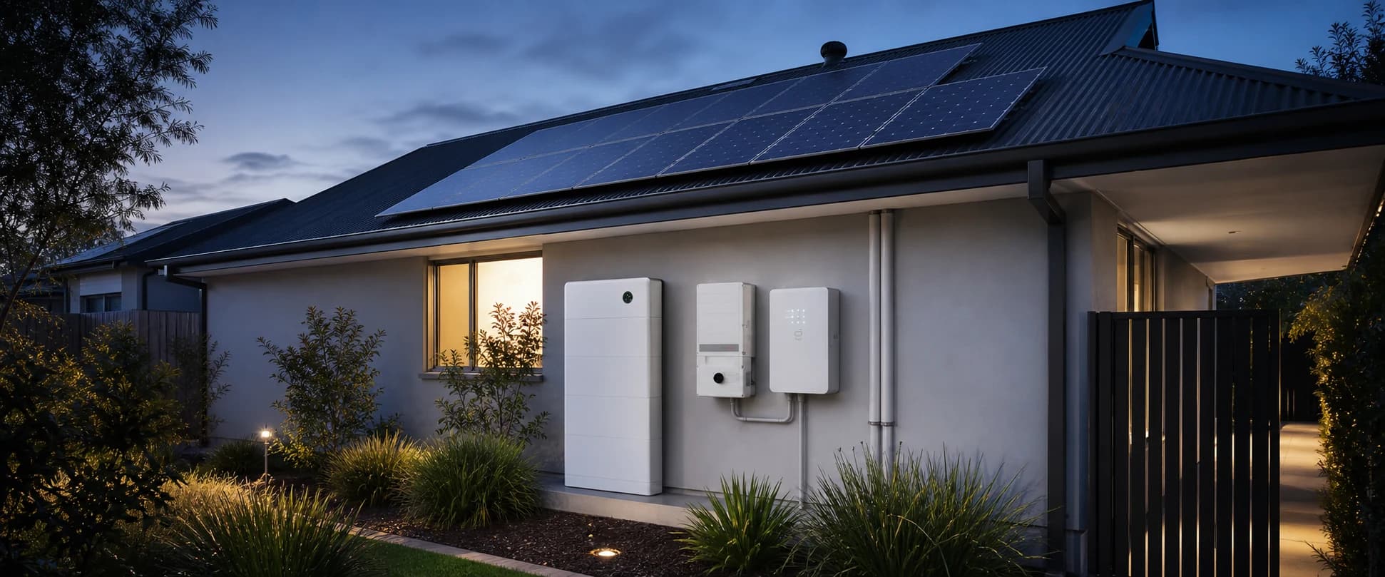 Australian home at dusk with rooftop solar, home battery and inverter