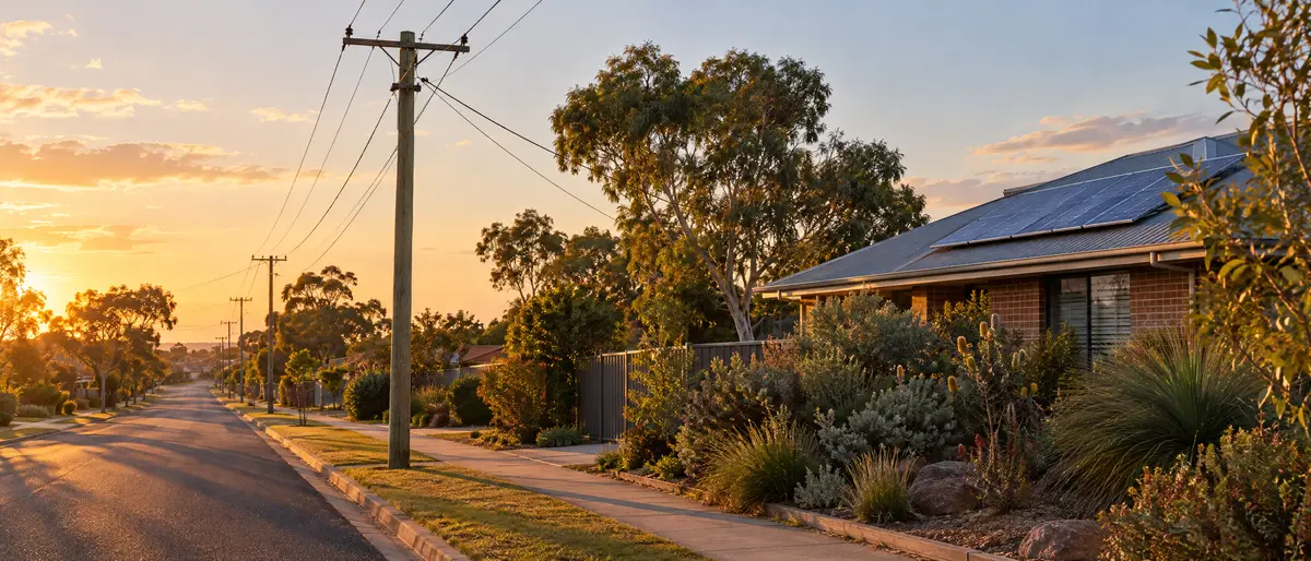 Power poles and lines along an Australian street at golden hour